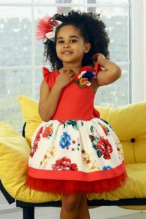 Girl's New Flower Red Dress with Brooch and Buckle Gift 100328186