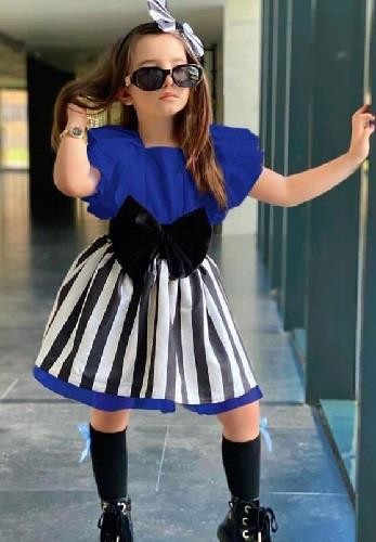 Girl's Striped Saxe Blue Skirt Suit 100326687