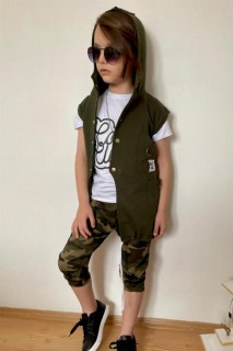 Boy's Back Chain Detailed Front Snap Button and Hooded Green-Camouflage Tracksuit 100327292