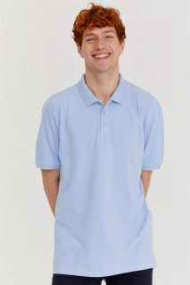 Top Wear - Men's Blue Basic Polo Neck Pocketless Battal Wide Cut Dobby T-Shirt 100351227 - Turkey