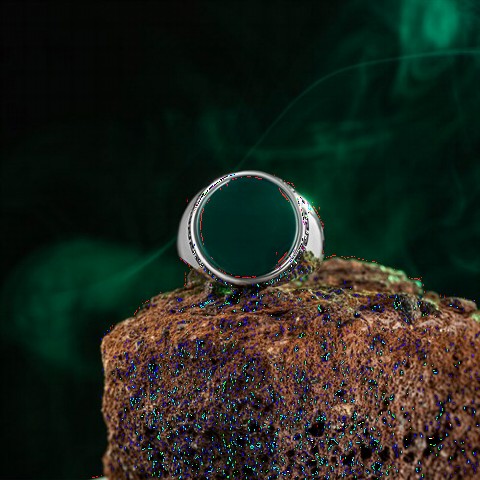 Agate Stone Rings - خاتم فضة بحجر عقيق أخضر عادي مستدير 100346457 - Turkey