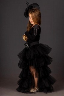 Kids - Girls' One Shoulder and Shoulder Beaded Tail Black Dress 100328108 - Turkey