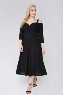 Long evening dress - Plus Size Shoulder Strap Evening Dress Glittery Short Dress  Black 100276749 - Turkey