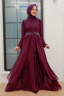 Woman - Plum Color Hijab Evening Dress 100340079 - Turkey