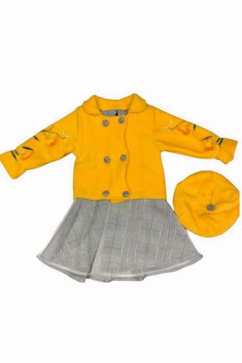 Girl's New Fleece Jacket and Beret Hat Plaid Yellow Dress 100328176