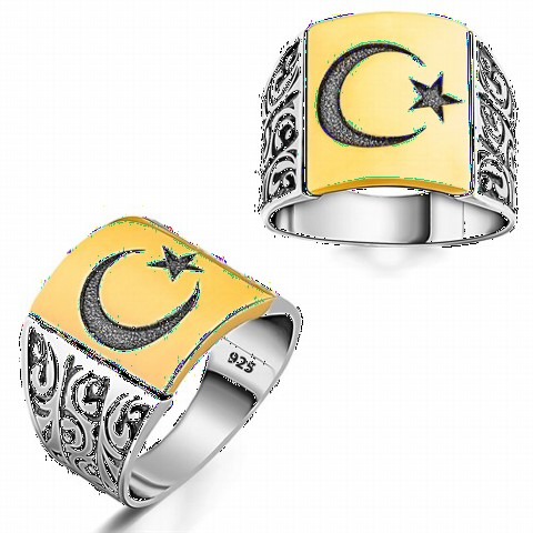Star and Crescent Embroidered Silver Ring on Gold Plate 100349319
