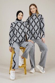 Women's Diamond Patterned Double Colored Double Knitwear Suit 100352575