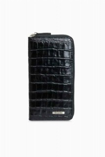 Handbags - Portefeuille en cuir véritable à fermeture éclair Croco noir Guard 100346259 - Turkey
