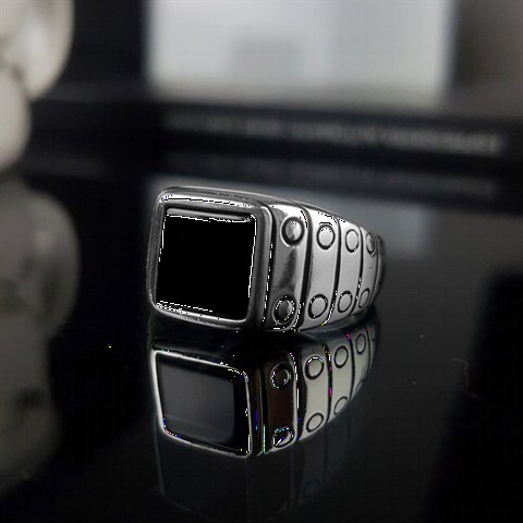 Onyx Stone Rings - Square Sterling Silver Men's Ring With Onyx Stone 100349667 - Turkey