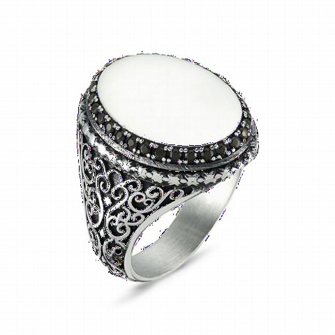 Others - Ottoman Pattern Silver Ring With Plain Plate Around Zircon Stones 100348515 - Turkey