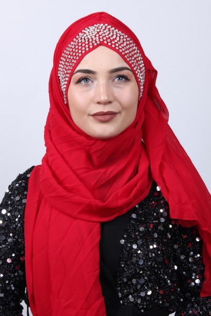 Woman Bonnet & Hijab - Stone Bonnet Design Shawl Red 100282955 - Turkey