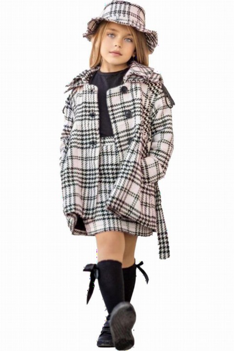 Girl Clothing - Mädchen Schulter Kordelzug Brecheisen Mantel Hut und Socken schwarz-weißer Rock Anzug 100327304 - Turkey