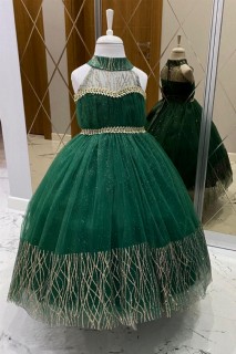 Kids - Girl's Glittery Gold Embroidered Fluffy Green Evening Dress with Stone Waist and Tarlatan 100327423 - Turkey