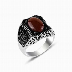 Dark Red Agate Stone Side Micro Stone Silver Ring 100347828