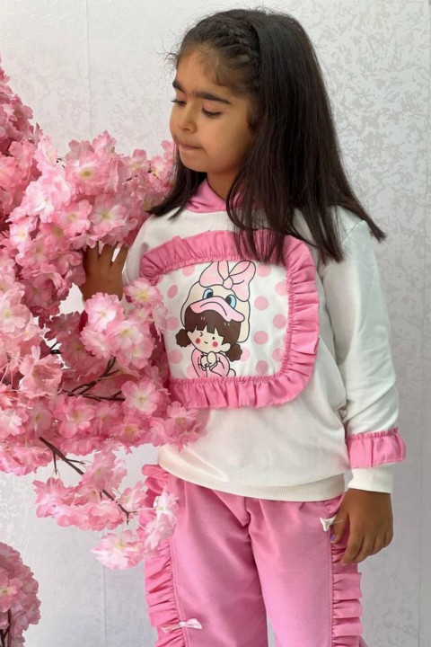 Girl Duck Printed Ruffle Detailed Hooded Pink Tracksuit Suit 100330970