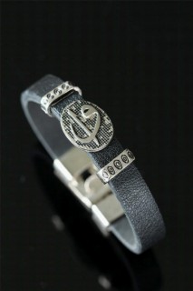 Bracelet - Tumbled Metal Elif Vav Black Leather Men's Bracelet 100327888 - Turkey