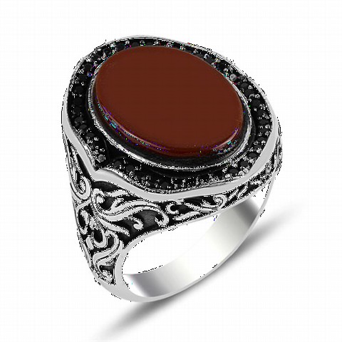 Agate Stone Rings - Brown Agate Stone Side Seljuk Patterned Silver Men's Ring 100349129 - Turkey