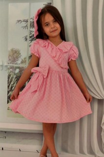 Girls - Girl's V Neck Ruffled Lace Embroidered Skirt and Fluffy Tulle Pink Dress 100327371 - Turkey