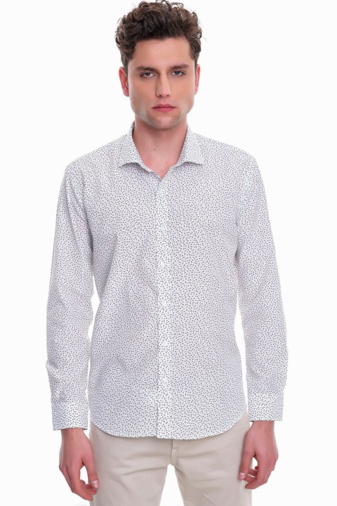 Men's Beige Cotton Slim Fit Slim Fit Jacquard Patterned Italian Collar Long Sleeve Shirt 100350597