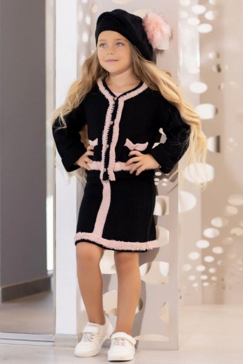 Girl's Pompom Beret Black Knitwear Skirt Suit 100326865