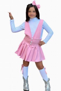 Girl Clothing - فستان بناتي بأزرار أمامية وجيب وتنورة مزركشة بلون وردي سالوبيت 100328744 - Turkey