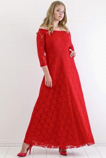 Large Size Elastic Collar Full Lace Detailed Evening Dress Graduation Dress Red 100342733