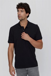 Men's Black Basic Plain 100% Cotton Battal Wide Cut Short Sleeved Polo Neck T-Shirt 100350925