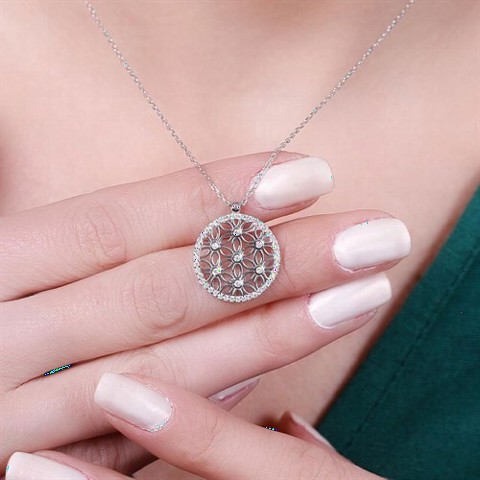 Necklaces - Zircon Stone Flower of Life Model Women's Sterling Silver Necklace 100346946 - Turkey