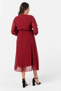 Plus Size Double Breasted Collar Sleeved Chiffon Dress Claret Red 100276140