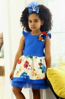 Kids - Girl's New Floral Blue Dress with Brooch and Buckle Gift 100328187 - Turkey
