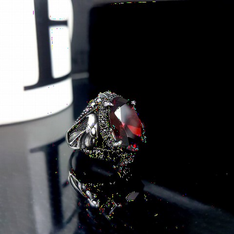 Eagle Head Patterned Red Zircon Stone Silver Ring 100349663