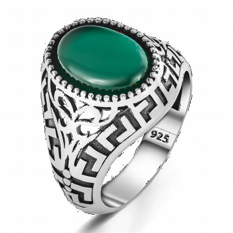 Greek Patterned Green Agate Stone Silver Ring 100350329