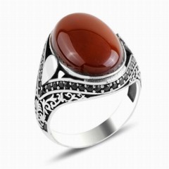 Agate Stone Rings - Ordered Zircon Stone Brown Agate Ottoman Patterned Silver Men's Ring 100348032 - Turkey