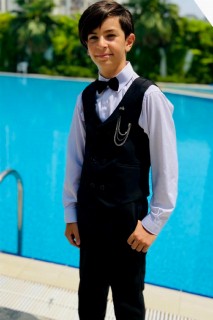 Boys Double Buttoned Bowtie Chain Collar Pins with Pockets Black Bottom and Top Suit 100328682