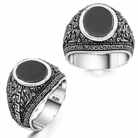 Onyx Stone Rings - Onyx Sterling Silver Ring With Motifs 100350276 - Turkey
