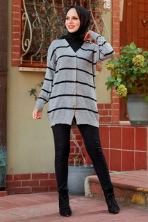 Outwear - Grey Hijab Knitwear Cardigan 100338354 - Turkey