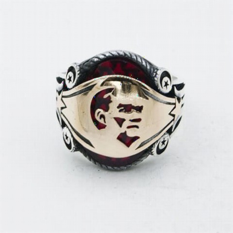 mix - Atatürk Silhouette Red Zircon Stone Sterling Silver Men's Ring 100348929 - Turkey