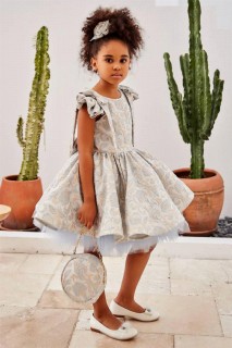 Girl's Shoulder Frilly Silvery Flower Embroidered and Fluffy Tulle Blue Evening Dress 100327742