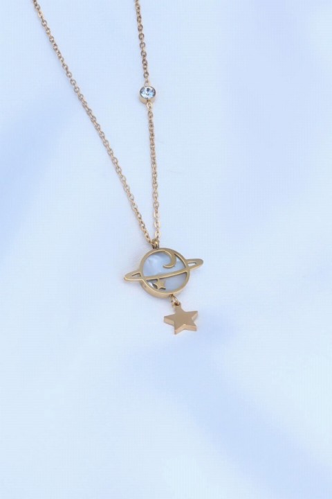 Necklaces - Gold Color Planet Figure Zircon Stone Star Detail Steel Woman Necklace 100327858 - Turkey