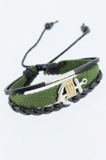 Men - Green Color Leather Bracelet With Metal Accessories 100342404 - Turkey