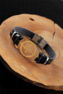 Men - Gold Color Metal Pulse Design Black Color Leather Men's Bracelet 100318796 - Turkey
