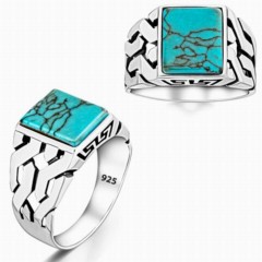 Men Shoes-Bags & Other - Blue Turquoise Square Stone 925 Sterling Silver Men's Ring 100346366 - Turkey