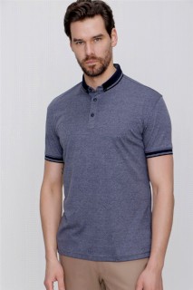 T-Shirt - Men's Navy Blue Mercerized Collar Striped Buttoned Collar Dynamic Fit Comfortable Cut T-Shirt 100350713 - Turkey