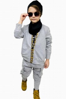 Boy Clothing - Boys Gray Tracksuit Suit With Cargo Pocket Neck Collar and Berets 100327125 - Turkey