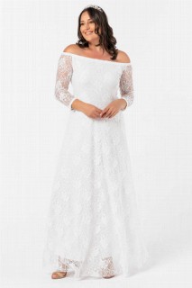 Evening Cloths - Large Size Elastic Collar Full Lace Detailed Evening Dress White 100276321 - Turkey