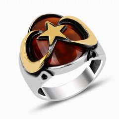 Onyx Stone Rings - Stone Moon Star Silver Men's Ring 100348158 - Turkey