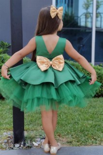 Girl's Green Evening Dress with Layered Tulle Skirt and Pulp Bowknot Decollete 100344605