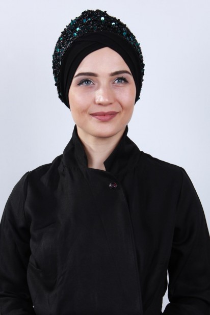 Woman Bonnet & Hijab - Draped Sequin Bonnet Green 100284887 - Turkey