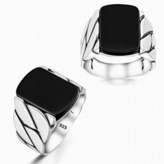 Onyx Stone Rings - Twirl Pattern Black Onyx Stone Silver Ring 100346453 - Turkey