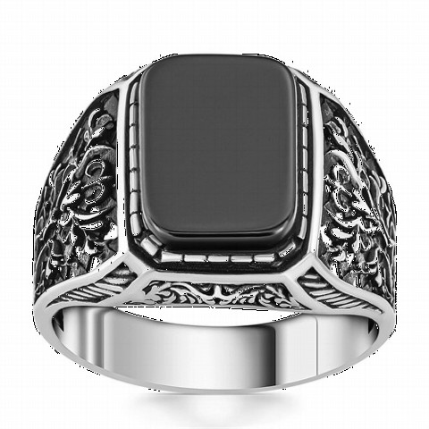 Onyx Stone Rings - Ivy Patterned Black Onyx Stone Silver Ring 100350388 - Turkey